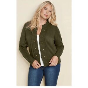 Venus Tab Button Detailed Cardigan Open Front LARGE Olive Green